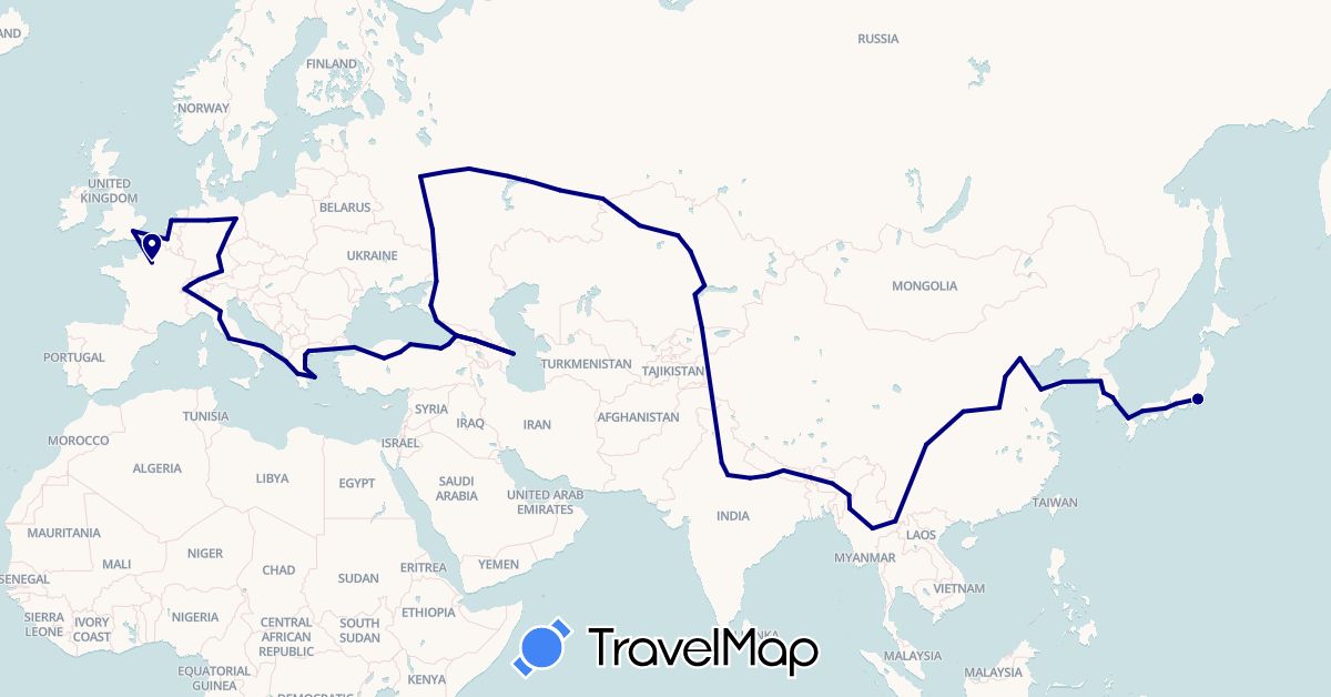 TravelMap itinerary: driving in Azerbaijan, Belgium, Switzerland, China, Germany, France, United Kingdom, Georgia, Greece, India, Italy, Japan, Kyrgyzstan, South Korea, Kazakhstan, Myanmar (Burma), Netherlands, Nepal, Russia, Turkey (Asia, Europe)