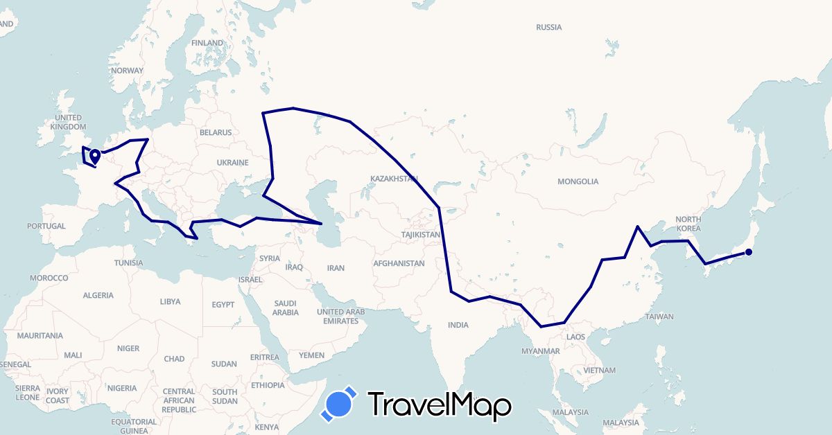 TravelMap itinerary: driving in Azerbaijan, Belgium, Switzerland, China, Germany, France, United Kingdom, Georgia, Greece, India, Italy, Japan, Kyrgyzstan, South Korea, Myanmar (Burma), Nepal, Russia, Turkey (Asia, Europe)